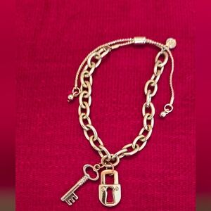 Graziano Lock and Key Gold tone Bracelet Vintage Signed Adjustable slider